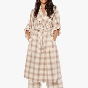 Cara Santana Plaid Neutral Cream Brown and Tan Trench Coat Lightweight Size XL